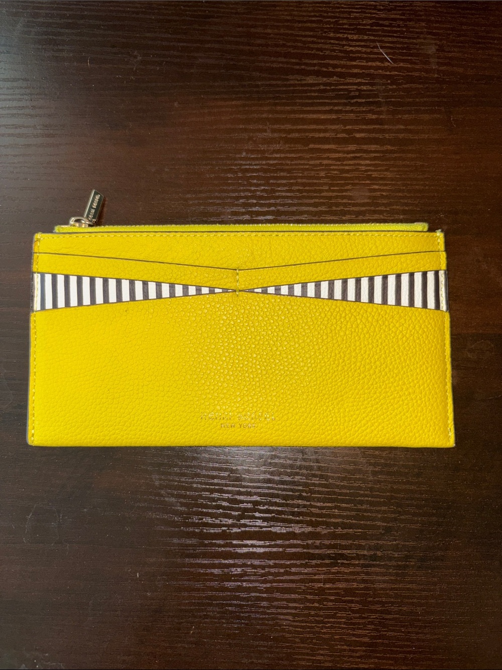 Henri bendel Yellow Leather Card Holder with Black & White Stripe Accent